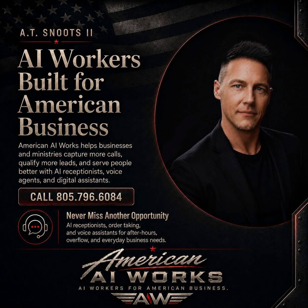 American AI Works promotional graphic featuring A.T. Snoots II and AI workers for American business